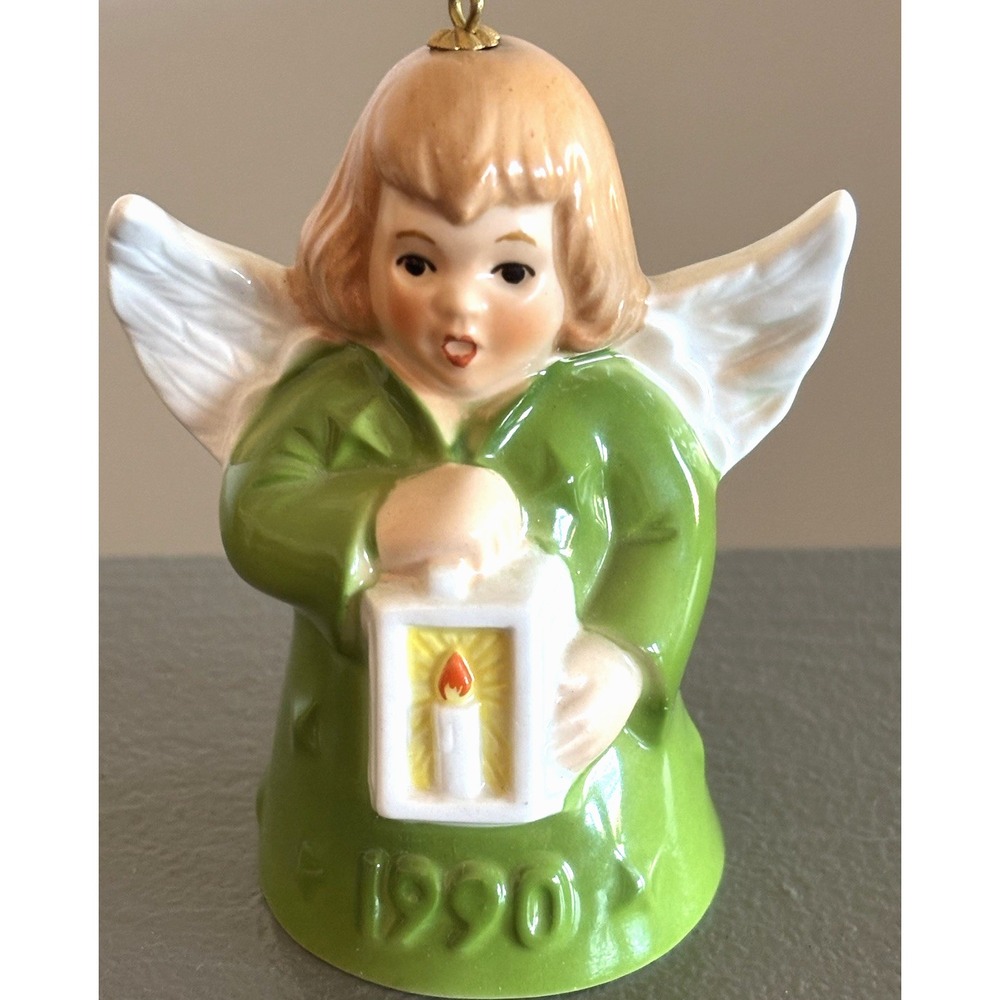 Vtg 1990 Goebel Angel Bell w Candle Lantern Christmas Tree Ornament Green Dress